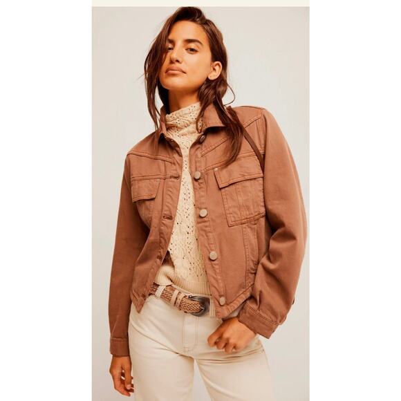 Free People Jade Denim Jacket Chocolate Mousse Large MSRP $128 - Picture 1 of 2